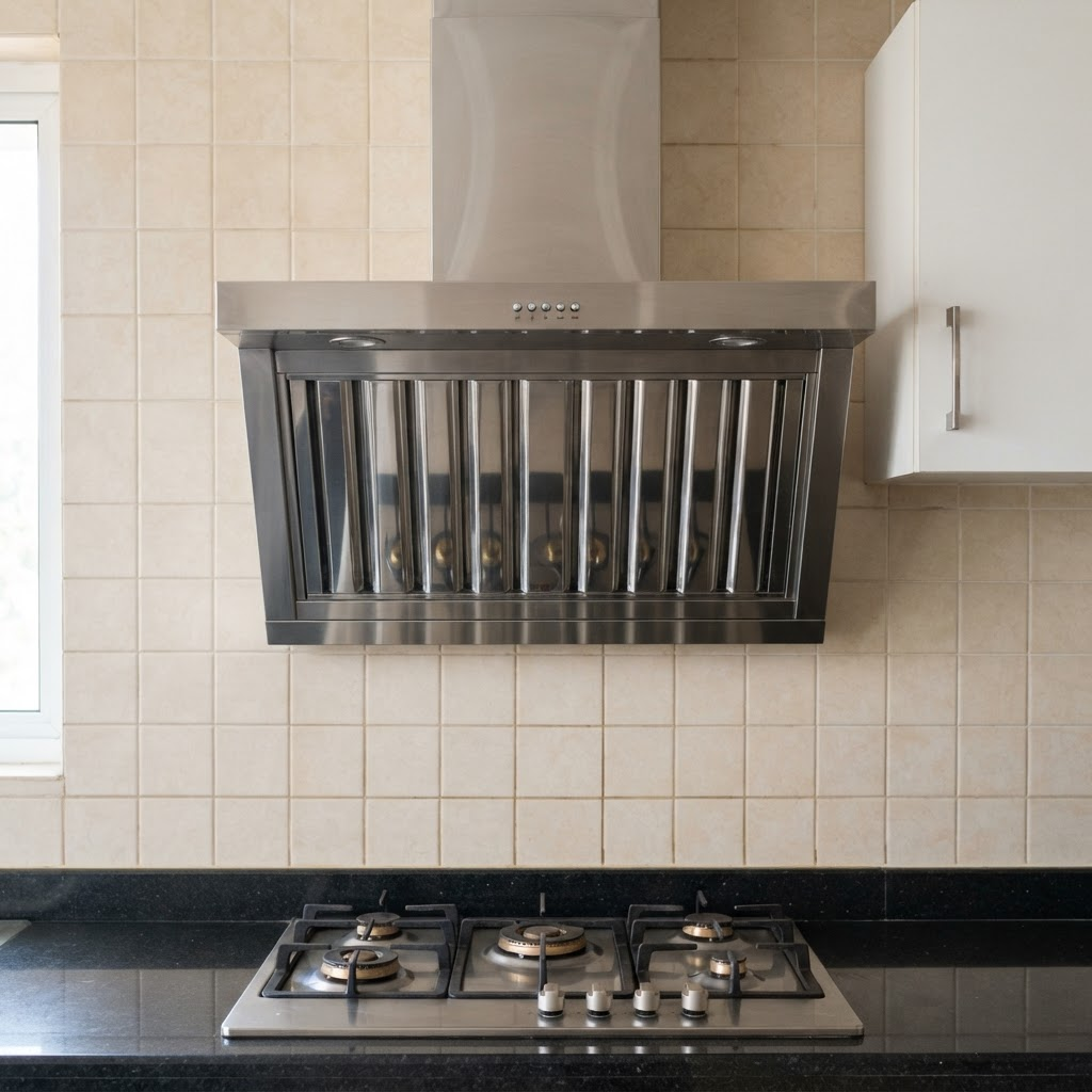 The same chimney baffle filters spotless and gleaming after deep cleaning