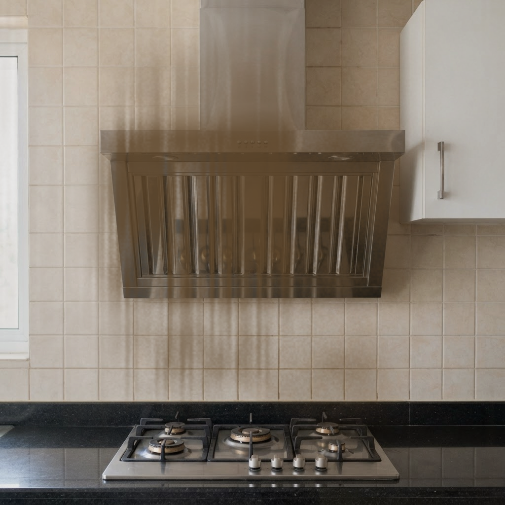 Kitchen chimney baffle filters coated in thick black grease before cleaning
