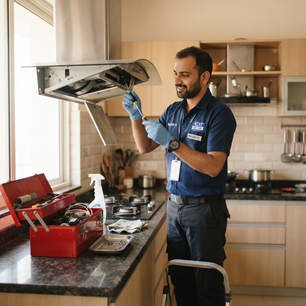 Chimney Clinic technician servicing a stainless steel kitchen chimney in a Bangalore apartment