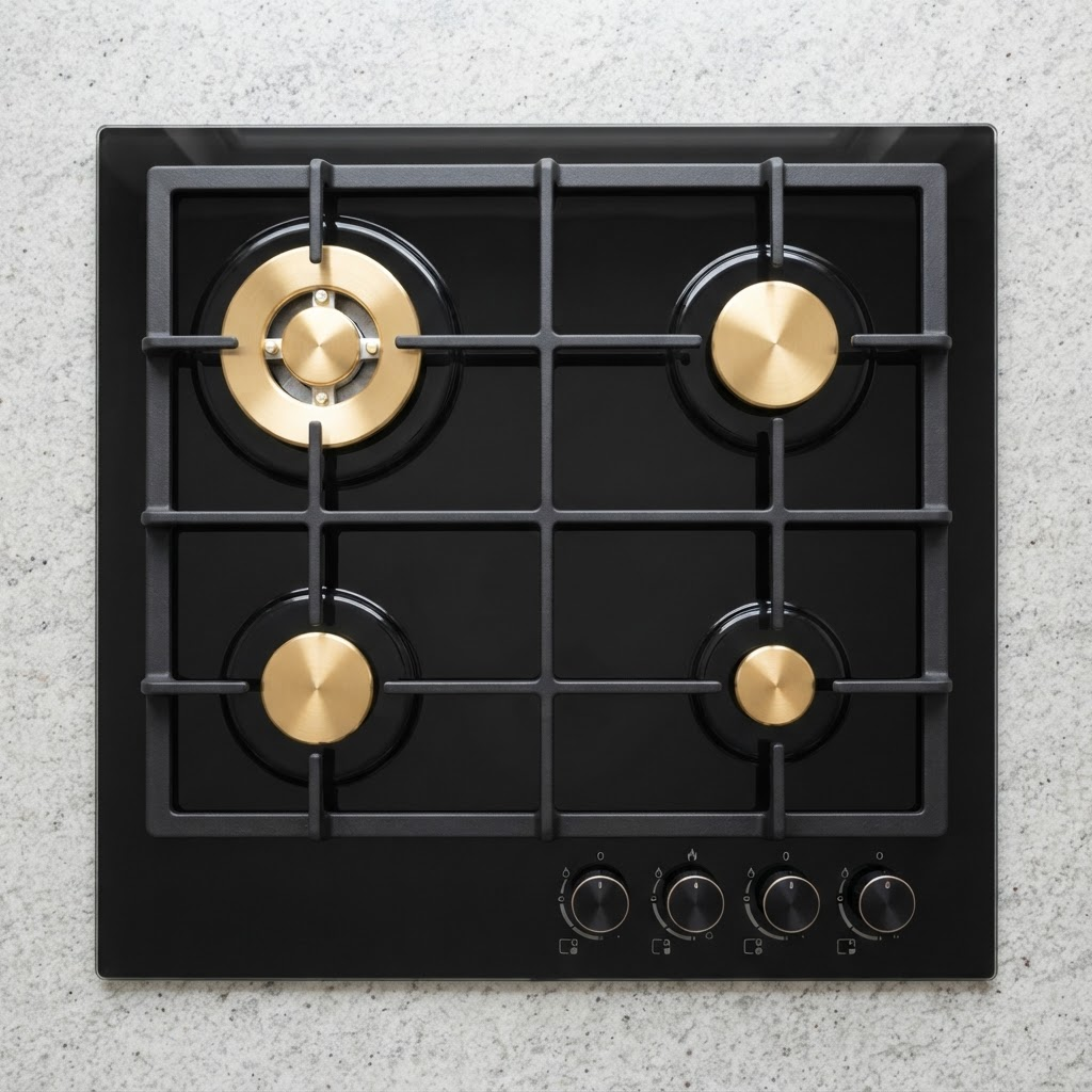 The same glass gas hob spotless with polished brass burners after service