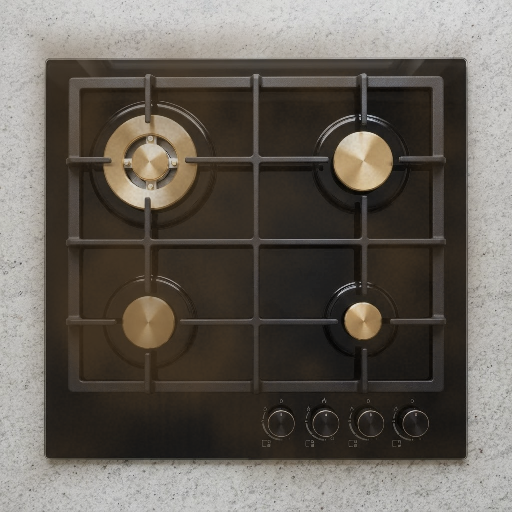 Glass gas hob with burnt stains, rusted burners and spilled grease before service