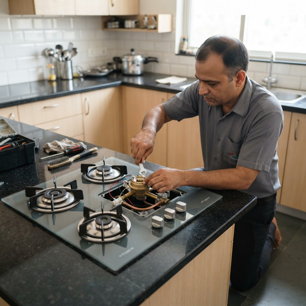 Technician servicing a built-in glass gas hob cooktop
