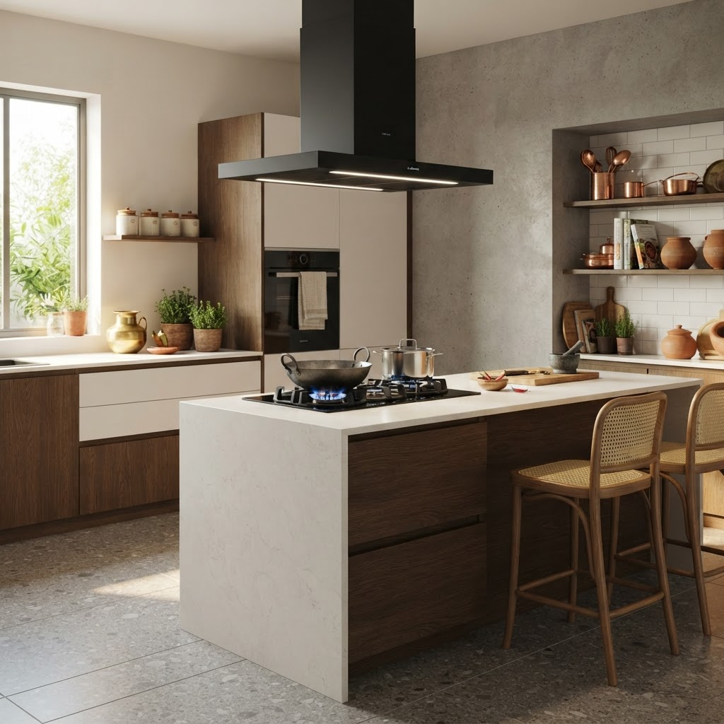 Modern kitchen with a black island chimney hood above a hob