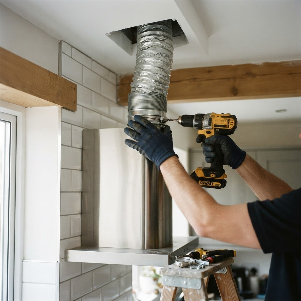 Technician installing an aluminium chimney exhaust duct pipe